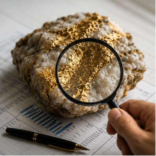 Magnifying glass examining gold ore over financial documents