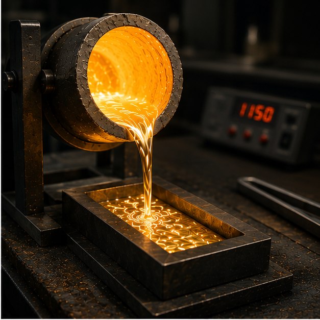 Molten gold being poured from a furnace crucible into a mould