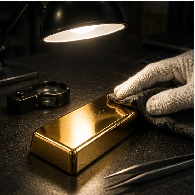 Gold bar being polished under a desk lamp