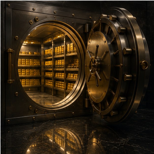 Open bank vault lined with stacked gold bars